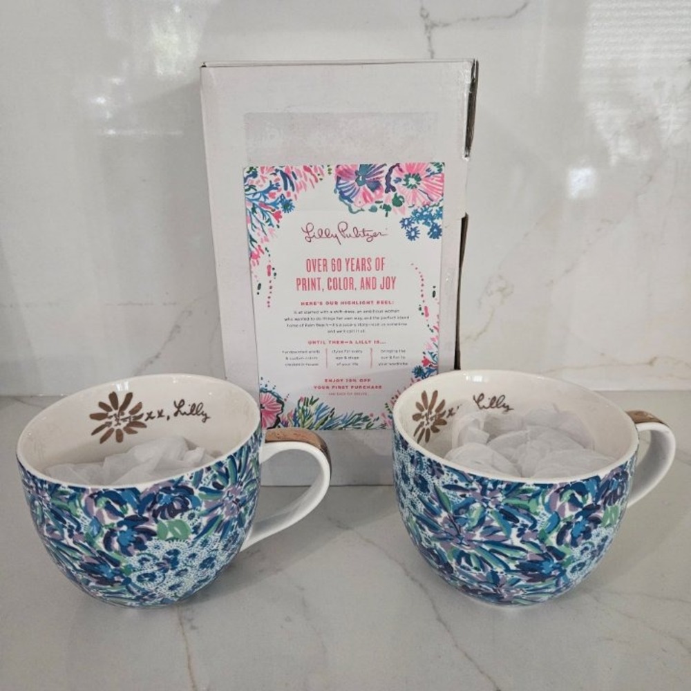 Lilly Pulitzer Blue Floral Ceramic Coffee Mugs with Gold Handles Set of 2